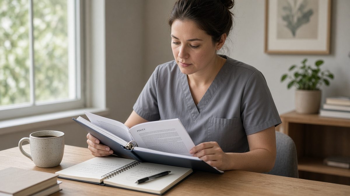 Nurse reading a binder at a table with a mug