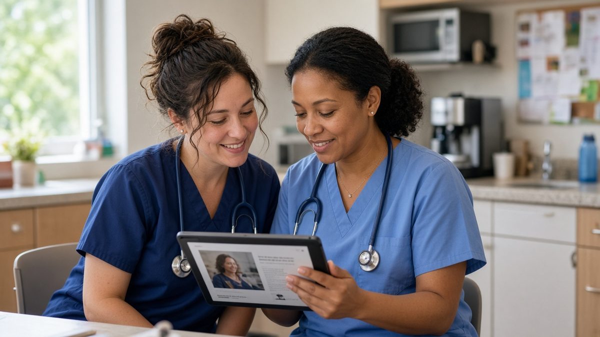 Nurses reading together on a tablet in a bright break room